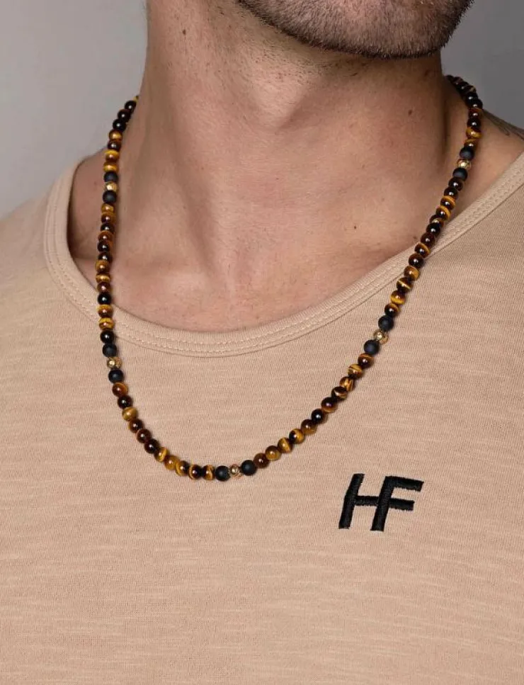 Nialaya Smycken|Beaded Necklace with Tiger Eye and Gold - Halsband