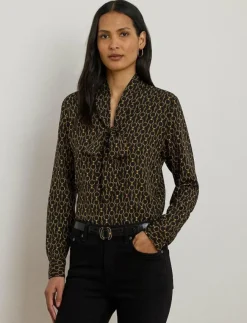 Lauren Ralph Lauren Chain-Print Crepe Tie-Neck Blouse - Långärmade|Kvinnor Blusar & Skjortor