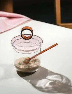 Muurla Loop sockerburk med lock och sked 14 cm, klar/rosa/bärnsten - Förvaringsburkar| Köksförvaring