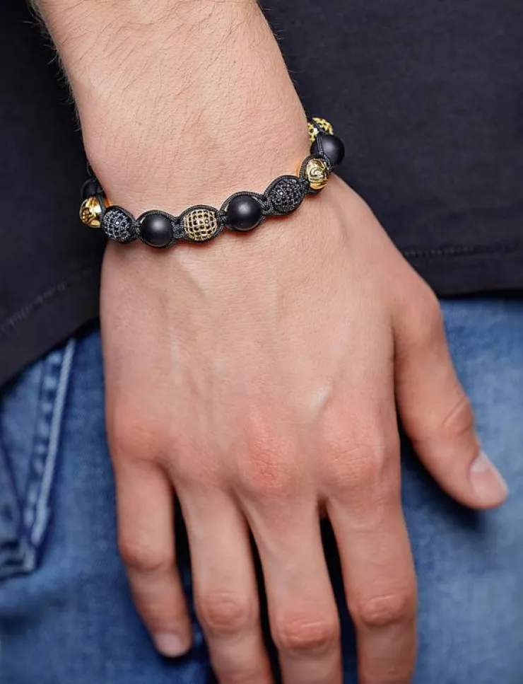 Nialaya Smycken|Men's Beaded Bracelet with Matte Onyx and Black/Gold CZ Diam - Armband