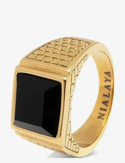 Nialaya Smycken|Men's Golden Brick Signet Ring with Agate - Ringar