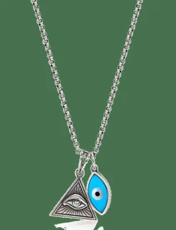 Nialaya Smycken|Men's Silver Necklace with Turquoise Evil Eye and Eye of Ra Pendant - Halsband