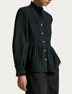 Kvinnor Polo Ralph Lauren Blusar & Skjortor|Pintucked Plaid Cotton Shirt - Långärmade