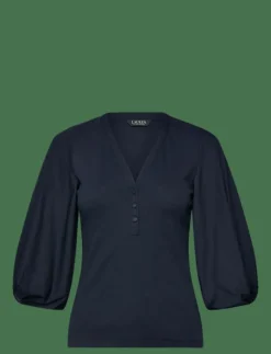 Lauren Ralph Lauren Rib-Knit Balloon-Sleeve Henley Top - T-shirts|Kvinnor Blusar & Skjortor|T-Shirts & Toppar