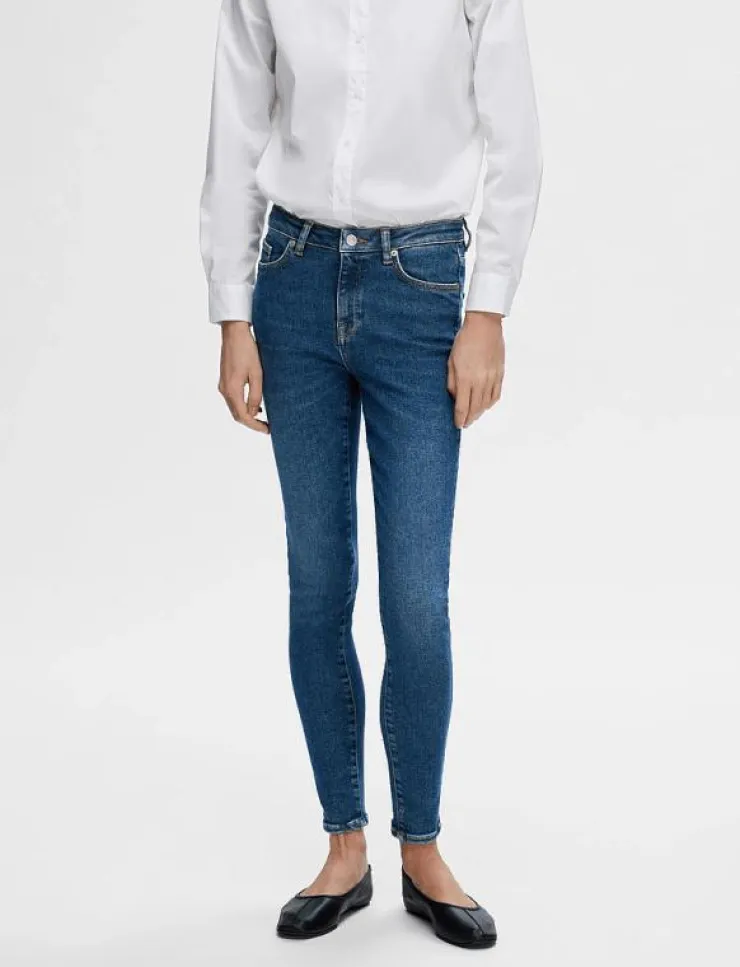 Kvinnor Selected Denimkläder|Jeans|SLFSOPHIA MW SKINNY DARK BLU JEAN U NOOS - Skinny Jeans