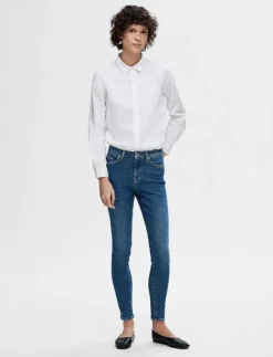 Kvinnor Selected Denimkläder|Jeans|SLFSOPHIA MW SKINNY DARK BLU JEAN U NOOS - Skinny Jeans
