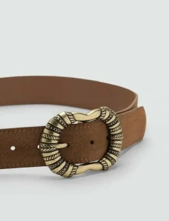Mango Suede leather belt with engraved buckle - Skärp|Kvinnor Bälten