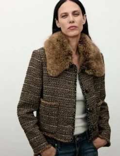 Kvinnor Mango Kavajer|Tweed jacket with fur collar - Enkelknäppta kavajer
