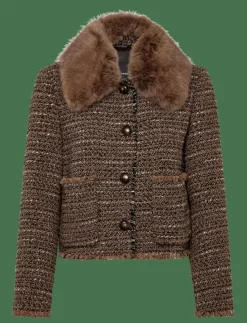 Kvinnor Mango Kavajer|Tweed jacket with fur collar - Enkelknäppta kavajer
