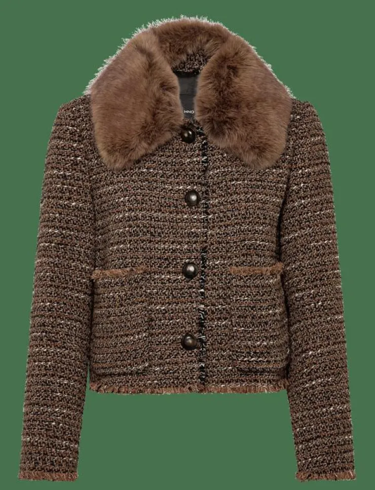 Kvinnor Mango Kavajer|Tweed jacket with fur collar - Enkelknäppta kavajer