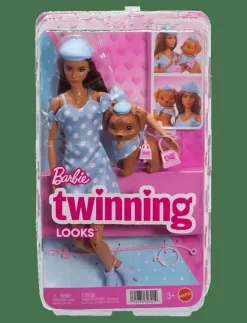 Barbie Twinning Looks Fashion Doll with Pet Dog, Matching Blue Clothes & Accessories, Brunette - Dockor|Barn Dockor & Tillbehör