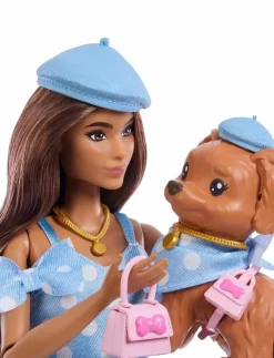 Barbie Twinning Looks Fashion Doll with Pet Dog, Matching Blue Clothes & Accessories, Brunette - Dockor|Barn Dockor & Tillbehör