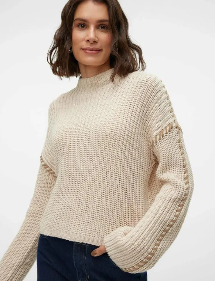 Kvinnor Vero Moda Stickat|VMNEWCREAM LS FUNNELNECK PULLOVER BOO - Stickat